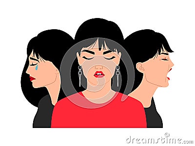 Sad woman faces. Cry worried stressed brunette women portraits, suffering young girl face with closed crying eyes Vector Illustration