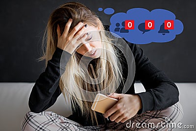 Sad woman feeling left alone on social media Stock Photo