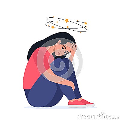 Sad woman having dizzy symptoms. Sick person sitting on ground with dizzy head, suffering from pain. Stress, dizziness, accident, Vector Illustration