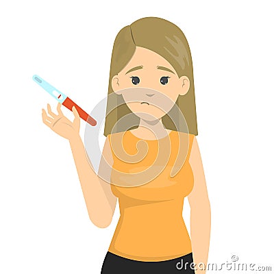 Sad woman holding negative pregnancy test. Infertility concept. Vector Illustration