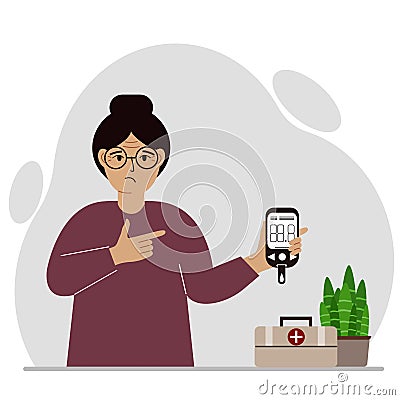 Sad woman holds a glucometer in his hand. The concept of blood sugar control, diabetic. Vector Illustration