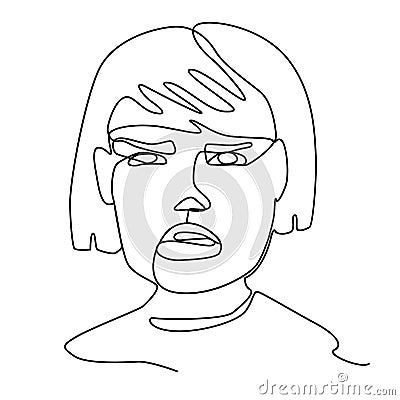 Sad Woman One Line Art Portrait. Female Sadness Facial Expression. Hand Drawn Linear Woman Silhouette Vector Illustration