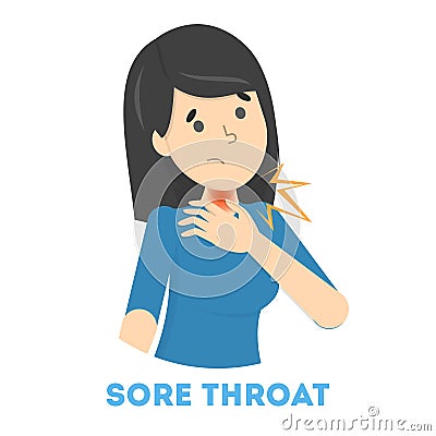 Sad woman with a pain in throat. Symptom of flu Vector Illustration