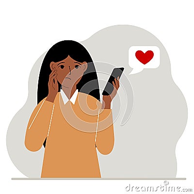 A sad woman reads a message on his mobile phone. Message with red heart. Vector Vector Illustration