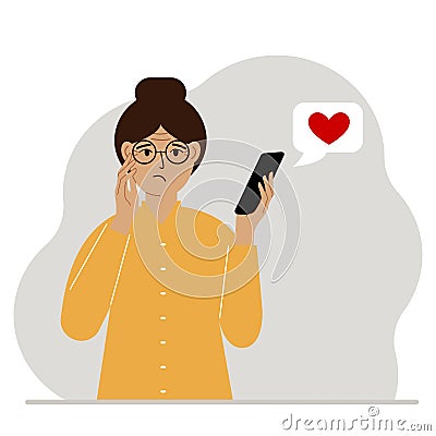 A sad woman reads a message on his mobile phone. Message with red heart. Vector Vector Illustration