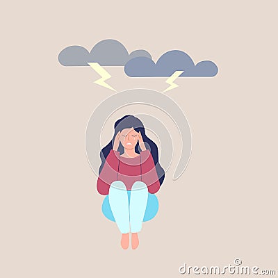 Sad woman is sitting. Depression. Woman is crying from above clouds with lightning. An example of mental disorder Vector Illustration