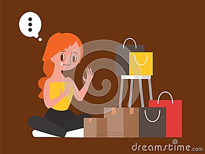 Sad woman sitting with her shopping bags Vector Illustration