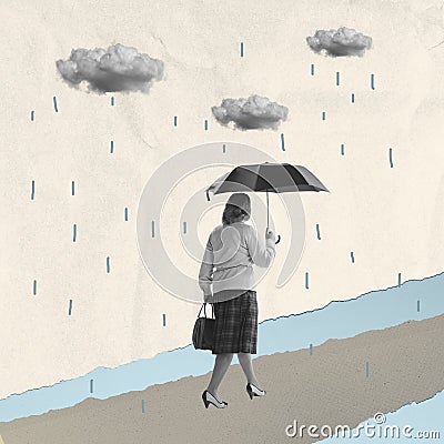 Sad woman walking under umbrella on abstract background with drawings. Bright contemporary collage. Art, fashion and Stock Photo
