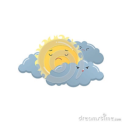 Sad yellow sun between angry grey clouds emoji sticker isolated on white Vector Illustration