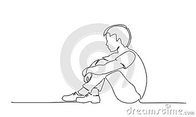 Sad young boy teenager sitting alone. One line drawing. Cartoon Illustration