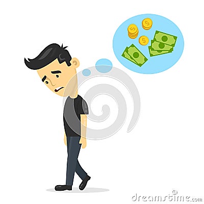 Sad young guy without work dreaming, thinks about money. vector flat cartoon man character design illustration. Isolated on white Vector Illustration