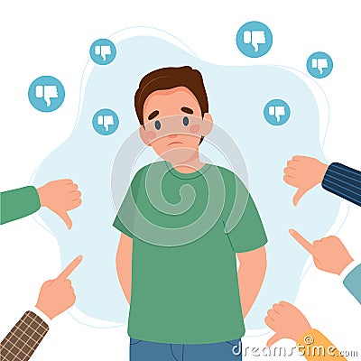 Sad young man surrounded by hands with thumbs down and pointing fingers. Guilt, shame and social disapproval concept Vector Illustration