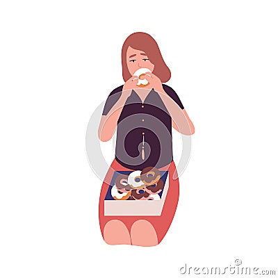 Sad young woman eating donuts. Concept of binge eating disorder, food addiction, overeating. Mental illness, behavioral Vector Illustration