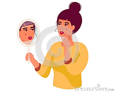 sad Young woman hand mirror worrying about her acne on face in flat design. Pimple problem on female skin. isolated on Vector Illustration