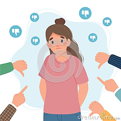 Sad young woman surrounded by hands with thumbs down and pointing fingers. Guilt, shame and social disapproval concept Vector Illustration