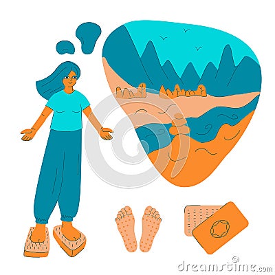 Sadhu boards hobby. Girl stand on nails bed visualizes mountain landscape. Wooden board for yoga practice. Meditation and Vector Illustration