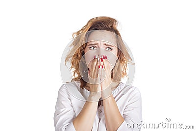 Sadness and emotional distress. Stressful situation in work trouble and anxiety. Young woman in white shirt cry. Stock Photo