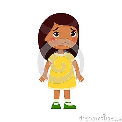 Sadness little Indian girl. Upset dark skin child standing alone cartoon character. Lonely kid in bad mood, person unhappy express Vector Illustration