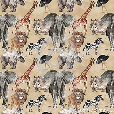 Safari African animals watercolor seamless pattern background Stock Photo