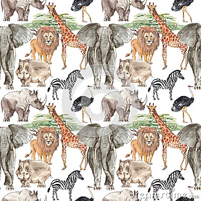 Safari African animals watercolor seamless pattern background Stock Photo
