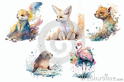 Safari Animal set Ferret, fennec fox, fur seal, fossa, flamingo in watercolor style. Isolated vector illustration Vector Illustration