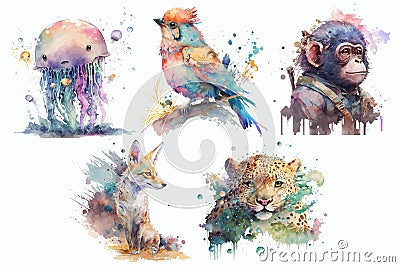 Safari Animal set Jackal, jaguar, Japanize macaque, jay bird, jellyfish in watercolor style. Isolated vector illustration Vector Illustration