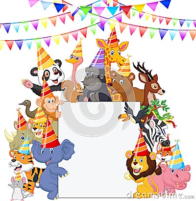 Safari Animals cartoon Wearing Party Hats Vector Illustration