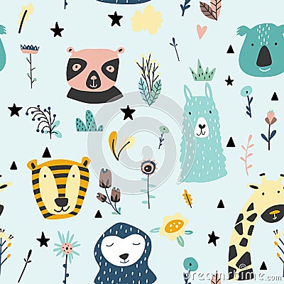 Safari baby animals seamless funny pattern. Vector kid print. Hand drawn doodle illustrations in scandinavian style. Blue backgrou Vector Illustration