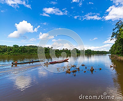 Two Safari Boats Sailing Amidst Suriname Jungle Stock Photo