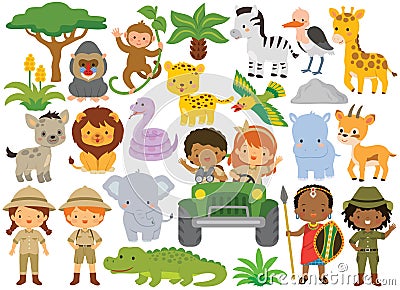 Safari clipart bundle â€“ cute animals and kids Vector Illustration