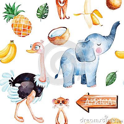 Safari collection with cute ostrich, elephant, meerkat Stock Photo