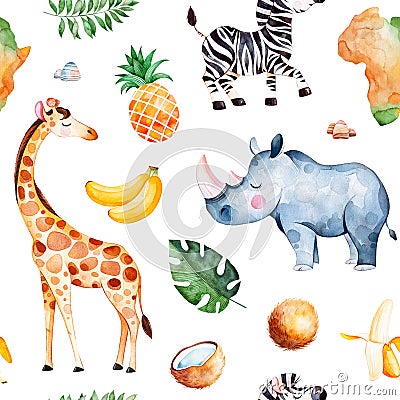 Safari collection with giraffe, rhino, zebra, banana, pineapple, coconut, palm leaves Stock Photo