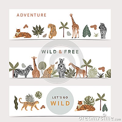 Safari collection with giraffe and zebra are standing.tiger and leopard are sitting on white background Vector Illustration
