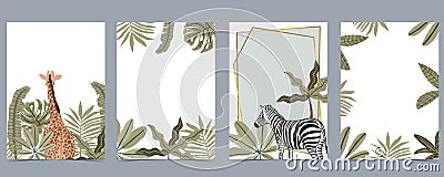 Safari collection with giraffe and zebra are standing on white background Vector Illustration