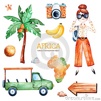 Safari collection with palm tree, young travelling girl, pickup car Stock Photo