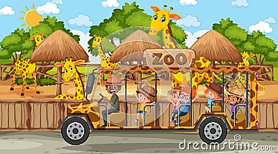 Safari at day time scene with many kids watching giraffe group Vector Illustration