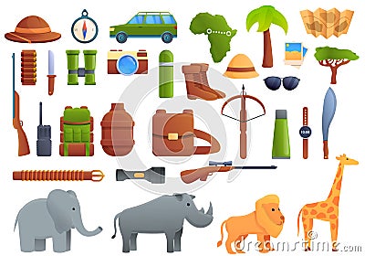 Safari equipment icons set, cartoon style Vector Illustration