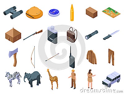 Safari equipment icons set, isometric style Vector Illustration