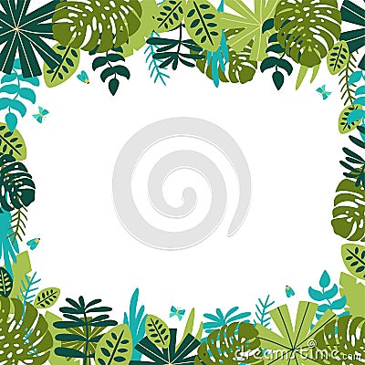 Safari frame. Green jungle floral frame. Tropical leaves, palm leaves, frame nature background. Green rainforest border Cartoon Illustration