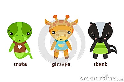 Safari giraffe and lizard snake, baby skunk icons Vector Illustration