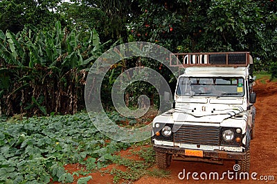 Safari jeep on dirt road Stock Photo