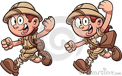 Cartoon kids running with safari costumes. Vector Illustration