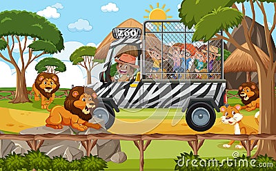 Safari scene with kids on tourist car watching lion group Vector Illustration