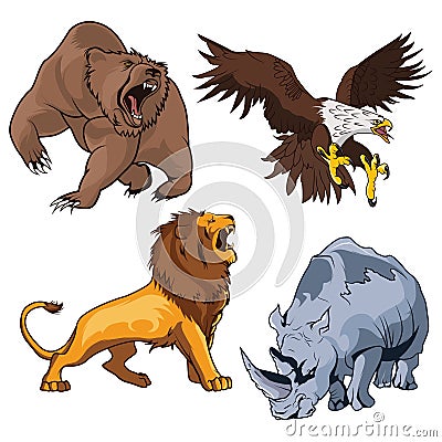 Safari terrifying feline lion with tail and roaring grizzly horribilis bear raising claw, zoo ferocious and dangerous Vector Illustration