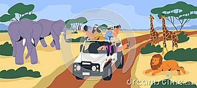 Safari tour in Africa. Tourists in jeep car taking photos of wild animals in savannah. People with cameras riding Vector Illustration