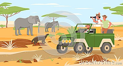 Safari travel adventure in Africa savanna wildlife landscape, people traveling on jeep Vector Illustration