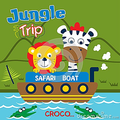 Safari trip with lion and zebra funny cartoon,vector illustration Vector Illustration