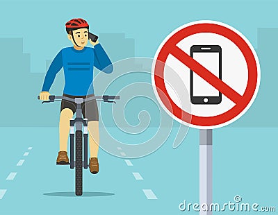 Safe bicycle riding. Close-up view of `No phones` sign. Isolated front view of a cyclist talking on the phone while cycling. Vector Illustration
