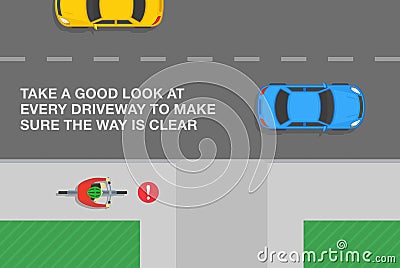 Bicycle on a pedestrian road. Take a good look at every driveway to make sure the way is clear. Vector Illustration