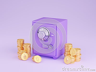 Safe box with crypto currency money 3d render - closed purple strongbox surrounded by gold bitcoin and ethereum. Cartoon Illustration